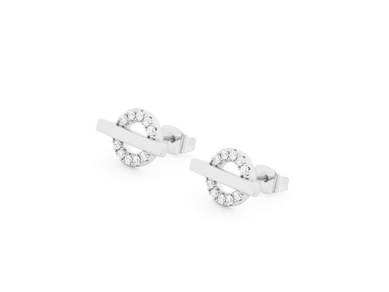 T-Bar Stud Earrings Silver Circle CZ