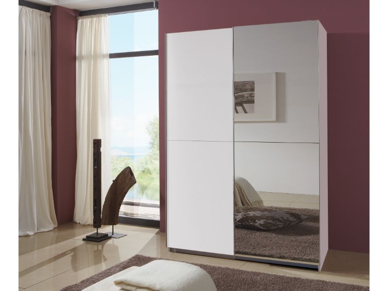 Queen 1.35M Single Mirrored Slide Robe - White