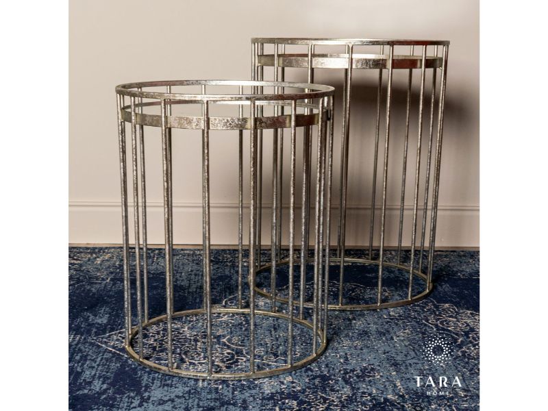 Cage Set of 2 Side Tables Round Mirror Gold