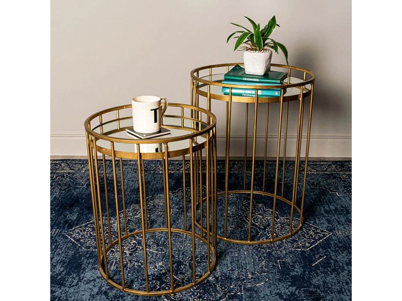 Cage Set of 2 Side Tables Round Mirror Gold