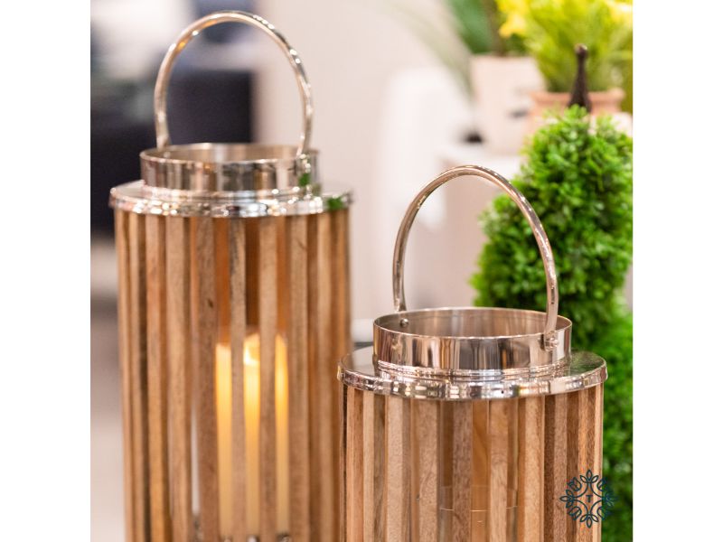 Nina Floor Standing Lantern Wood And Chrome 82Cm