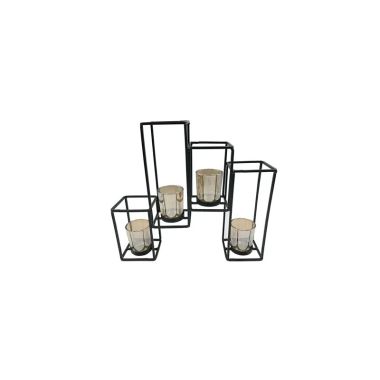 Black 4 Piece Tealight Holders With Amber Glass