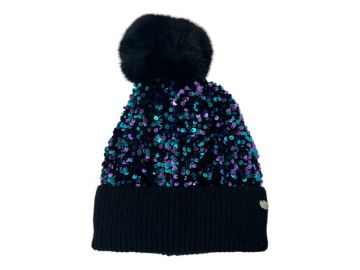 Sequin Sparkle Navy Pom Pom Hat