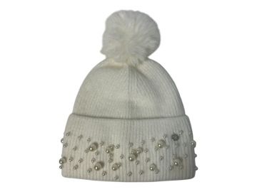 Pearl Sensation Pom Pom Hat White