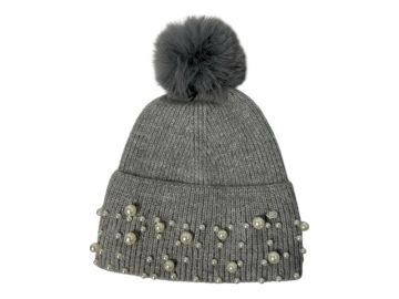 Pearl Sensation Grey Pom Pom Hat