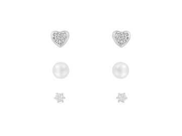 Indulgence Rhodium Crystal Heart Pearl Trio Earrin