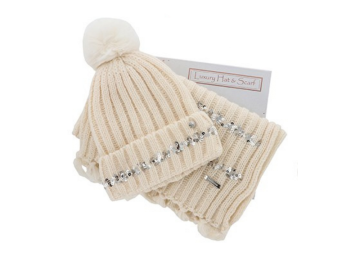 Pretty Sequins Hat & Scarf Set Cream