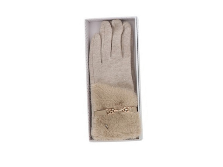 Faux Fur Cuff Belt Boxed Gloves Beige