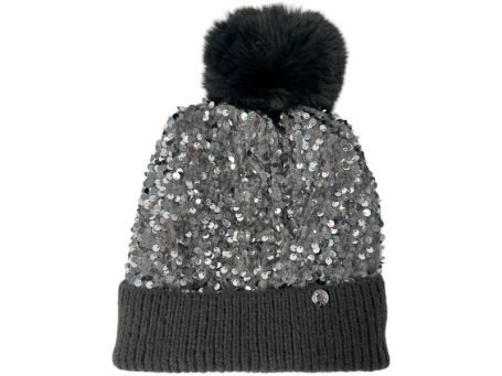 Sequin Sparkle Grey Pom Pom Hat