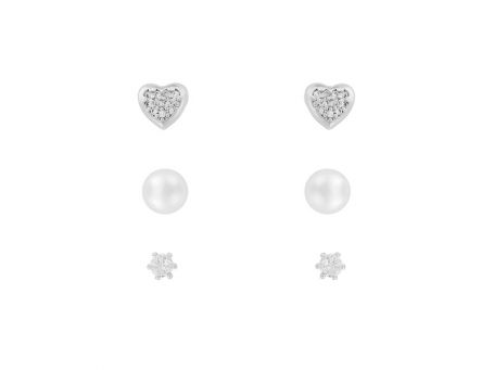 Indulgence Rhodium Crystal Heart Pearl Trio Earrin