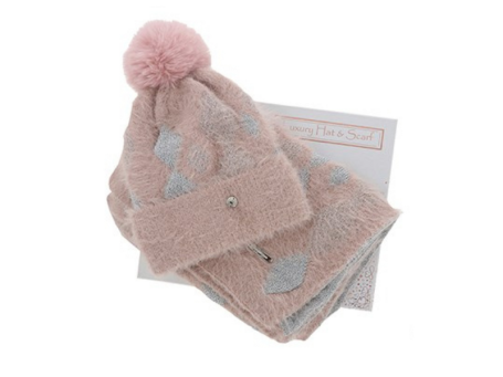 Metallic Diamonds Hat & Scarf Set Pink and Grey
