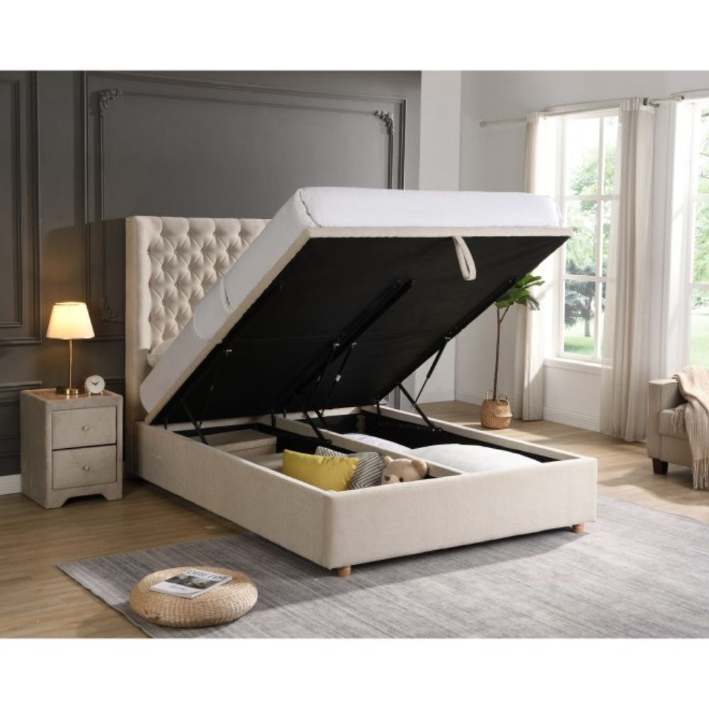 Emma Beige Fabric Storage Ottoman Bed