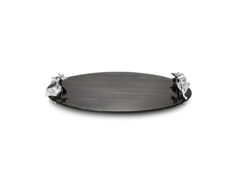 Black Glass Serving Tray With Floral Motif